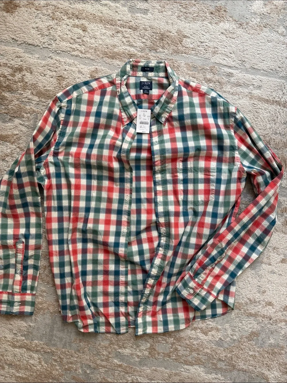 J. Crew Men’s Red, Green & Cream Plaid Button-Down Slim Fit Shirt - Size XL